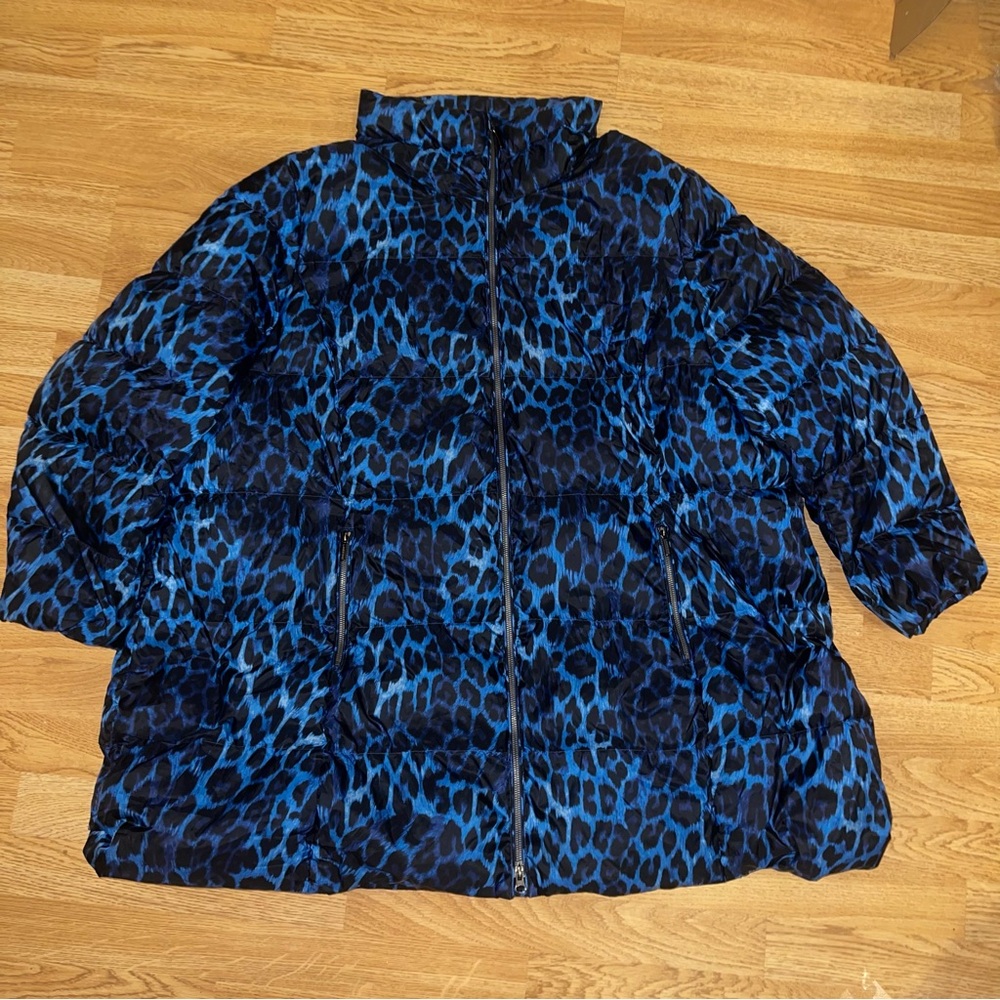 Land’s End 3X Leopard Puffer Coat 24W-26W Blue Animal Print Zippered Pockets